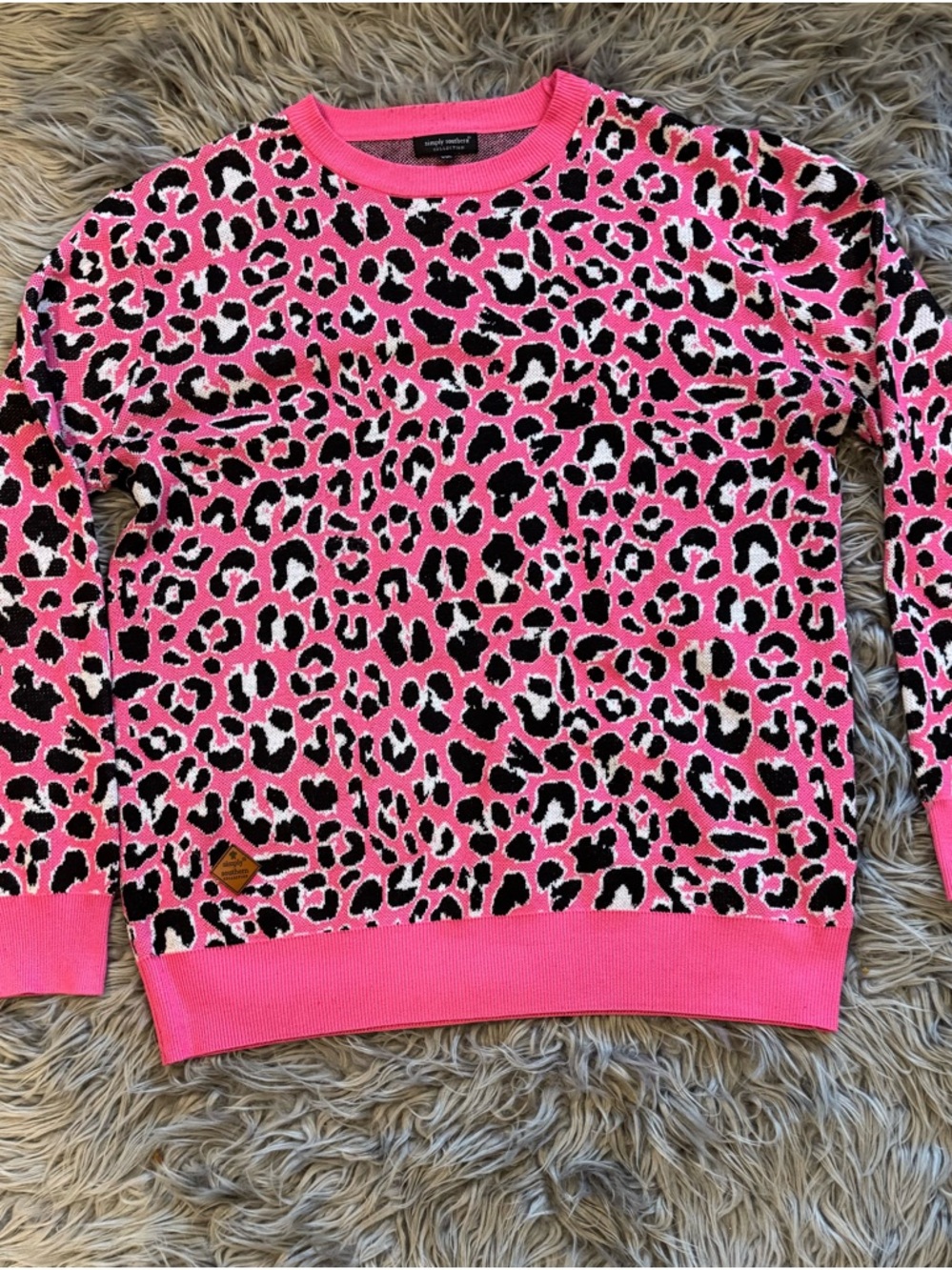 Simply Southern Pink Black White Leopard Crew Neck Sweater